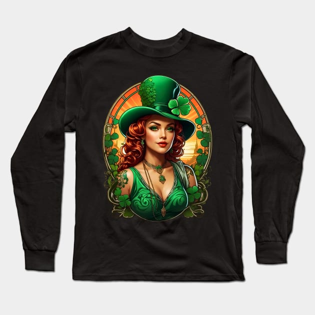 St.Patrick's Day retro vintage Irish woman shamrock design Long Sleeve T-Shirt by Neon City Bazaar